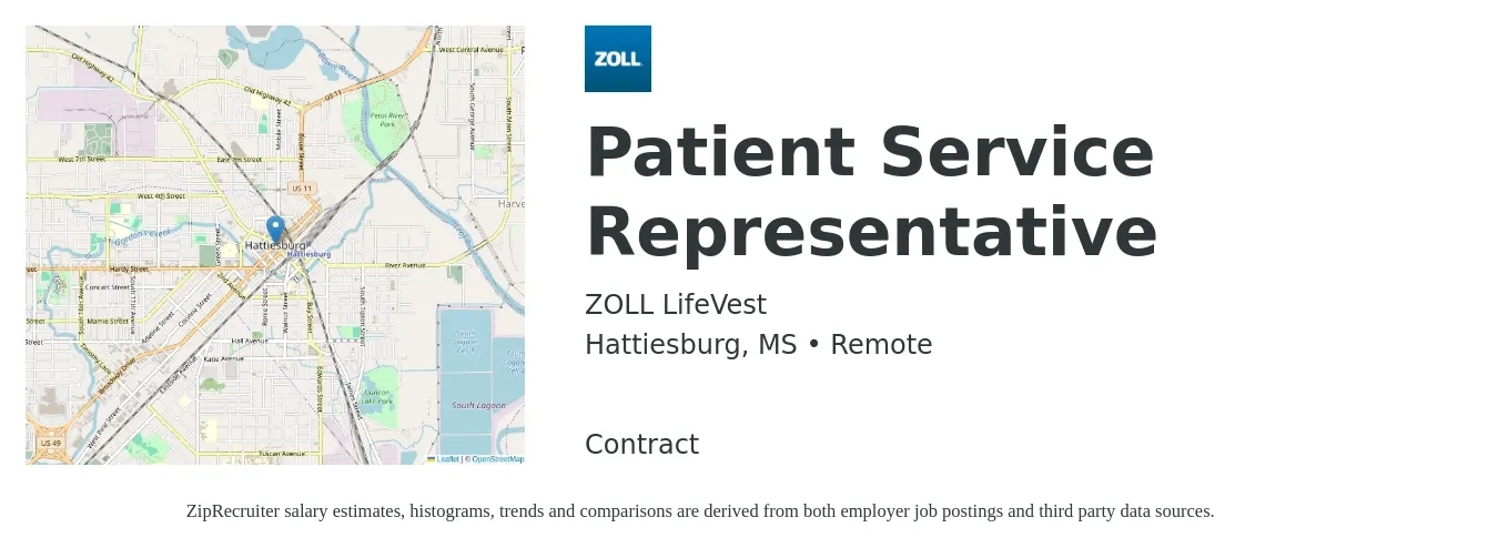 ZOLL LifeVest job posting for a Patient Service Representative in Hattiesburg, MS with a salary of $15 to $19 Hourly with a map of Hattiesburg location.