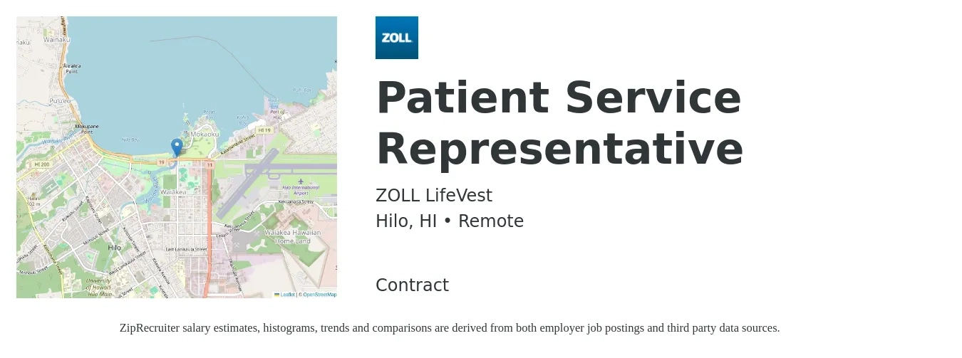 ZOLL LifeVest job posting for a Patient Service Representative in Hilo, HI with a salary of $18 to $23 Hourly with a map of Hilo location.