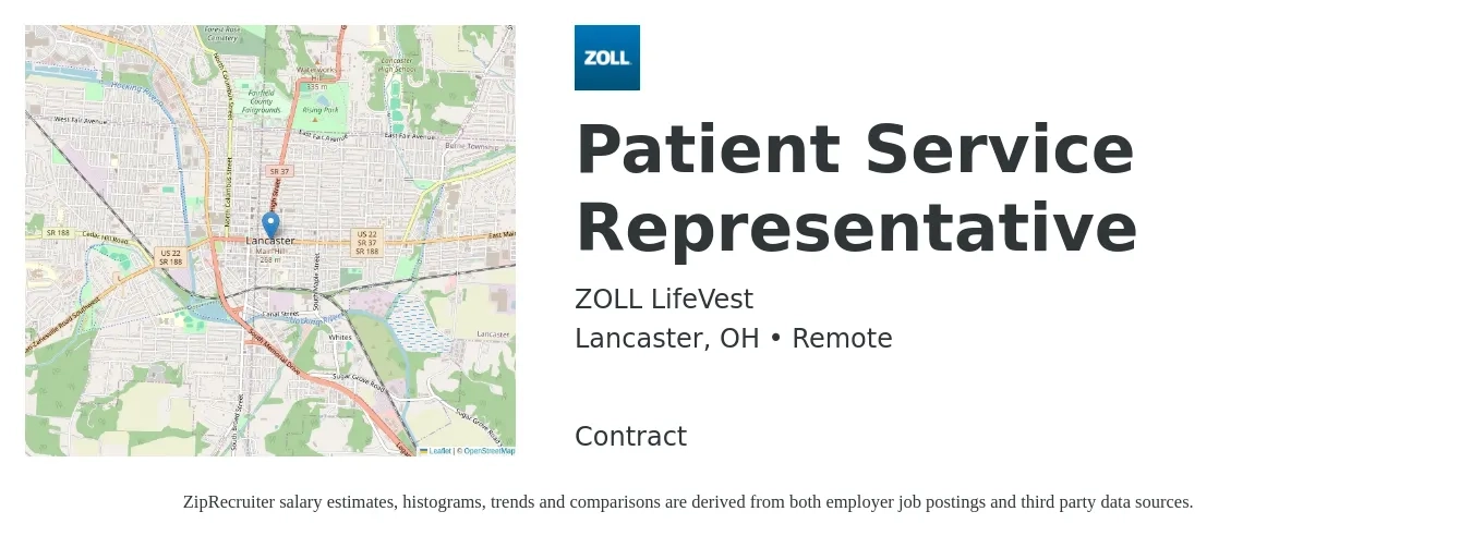 ZOLL LifeVest job posting for a Patient Service Representative in Lancaster, OH with a salary of $16 to $20 Hourly with a map of Lancaster location.