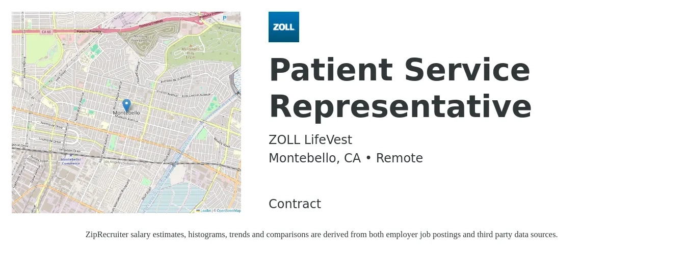 ZOLL LifeVest job posting for a Patient Service Representative in Montebello, CA with a salary of $18 to $22 Hourly with a map of Montebello location.