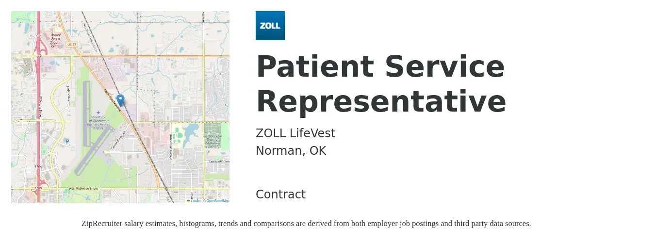 ZOLL LifeVest job posting for a Patient Service Representative in Norman, OK with a salary of $15 to $20 Hourly with a map of Norman location.