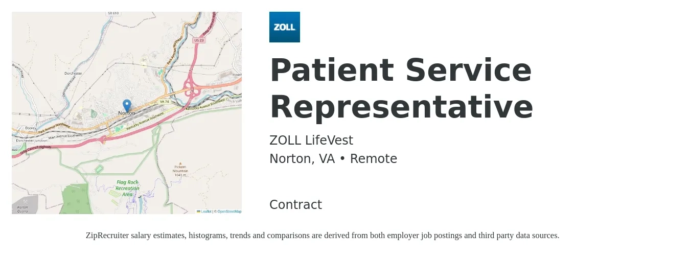 ZOLL LifeVest job posting for a Patient Service Representative in Norton, VA with a salary of $18 to $22 Hourly with a map of Norton location.