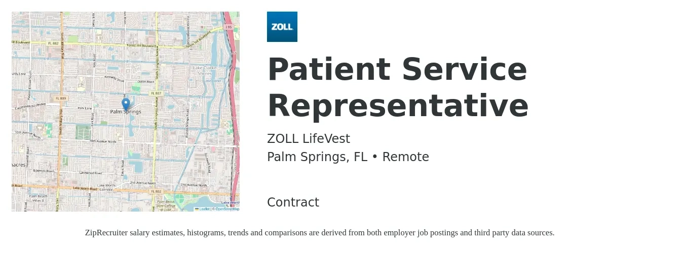 ZOLL LifeVest job posting for a Patient Service Representative in Palm Springs, FL with a salary of $16 to $20 Hourly with a map of Palm Springs location.