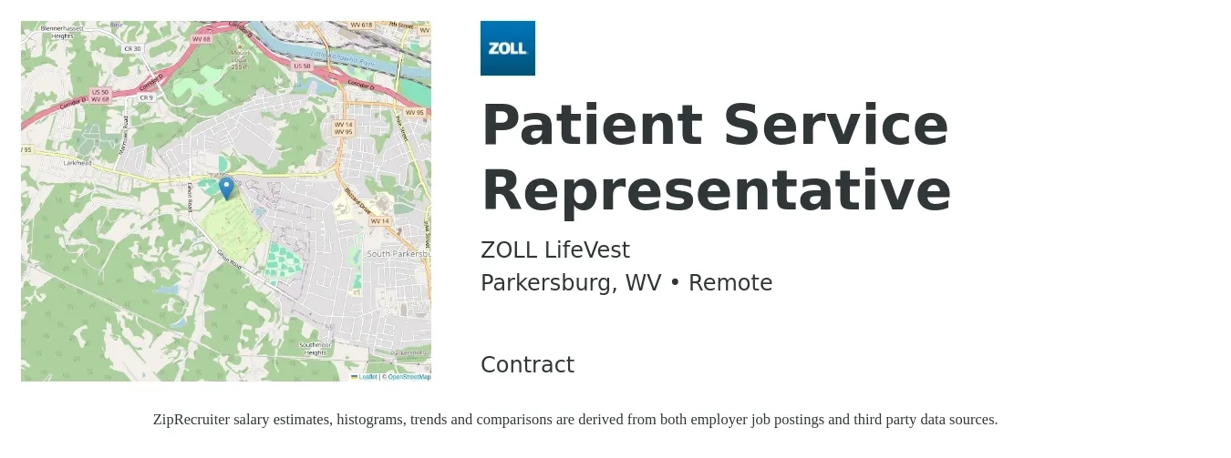 ZOLL LifeVest job posting for a Patient Service Representative in Parkersburg, WV with a salary of $17 to $22 Hourly with a map of Parkersburg location.