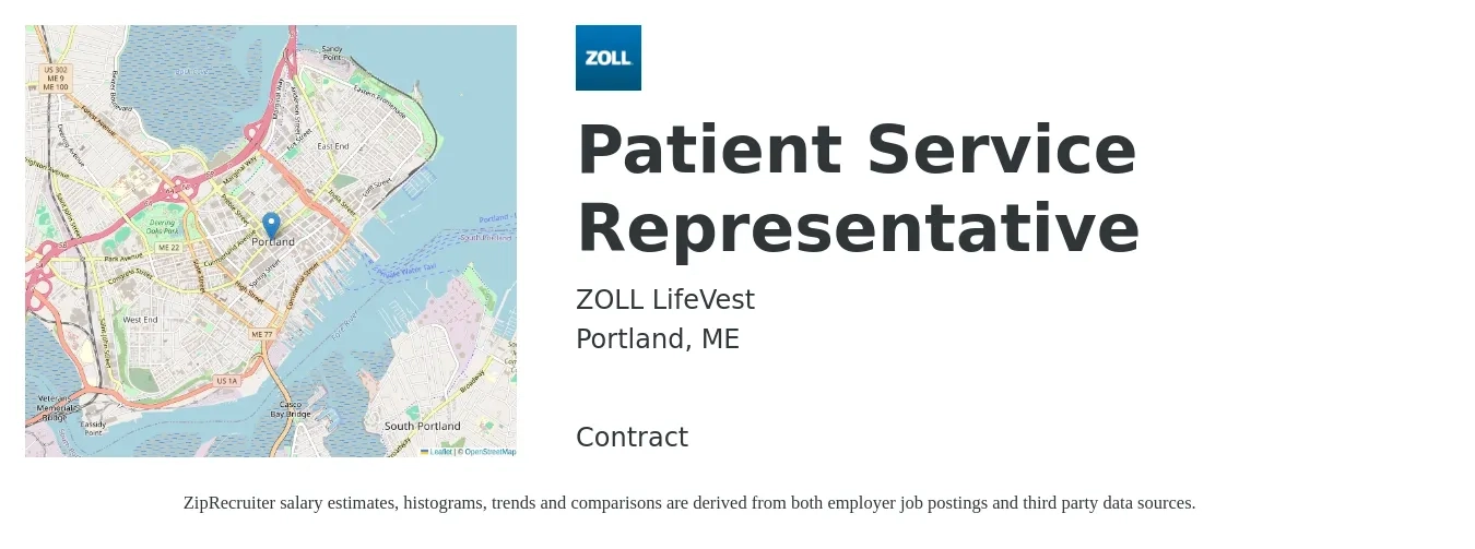 ZOLL LifeVest job posting for a Patient Service Representative in Portland, ME with a salary of $18 to $23 Hourly with a map of Portland location.