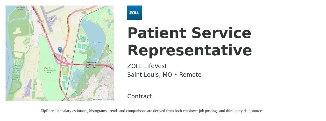 ZOLL LifeVest job posting for a Patient Service Representative in Saint Louis, MO with a salary of $17 to $22 Hourly with a map of Saint Louis location.