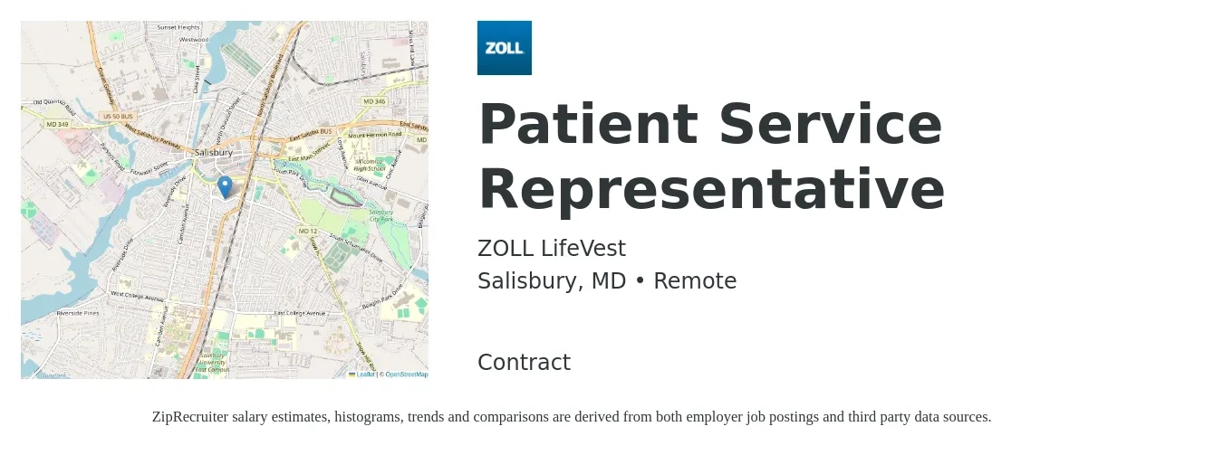 ZOLL LifeVest job posting for a Patient Service Representative in Salisbury, MD with a salary of $17 to $22 Hourly with a map of Salisbury location.
