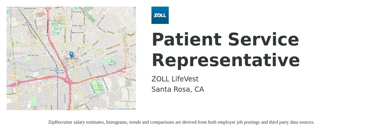 ZOLL LifeVest job posting for a Patient Service Representative in Santa Rosa, CA with a salary of $19 to $24 Hourly with a map of Santa Rosa location.