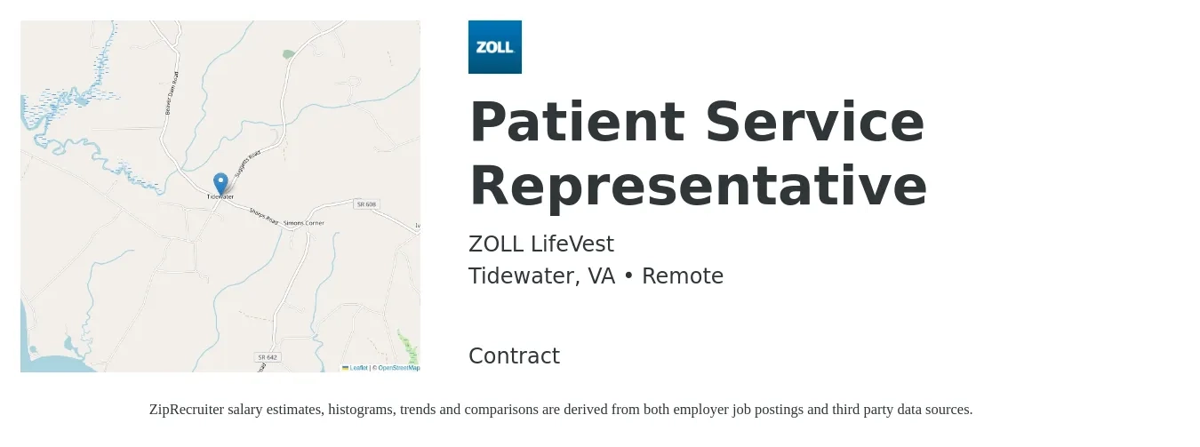 ZOLL LifeVest job posting for a Patient Service Representative in Tidewater, VA with a salary of $16 to $20 Hourly with a map of Tidewater location.