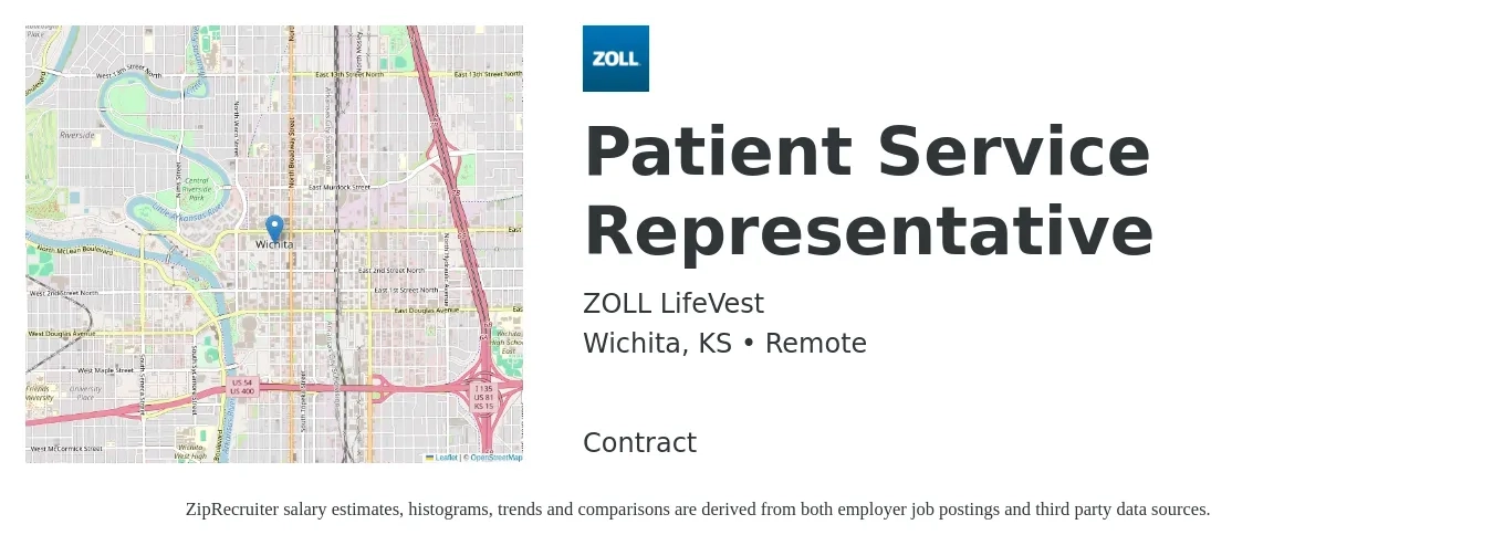 ZOLL LifeVest job posting for a Patient Service Representative in Wichita, KS with a salary of $16 to $20 Hourly with a map of Wichita location.