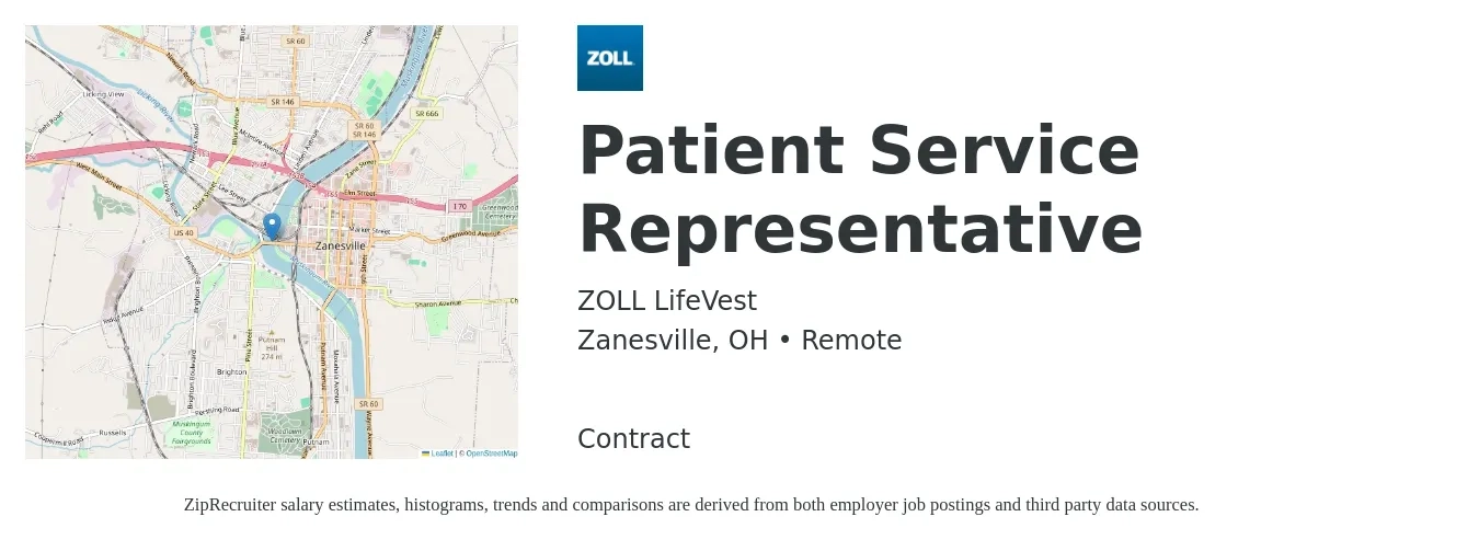 ZOLL LifeVest job posting for a Patient Service Representative in Zanesville, OH with a salary of $16 to $20 Hourly with a map of Zanesville location.