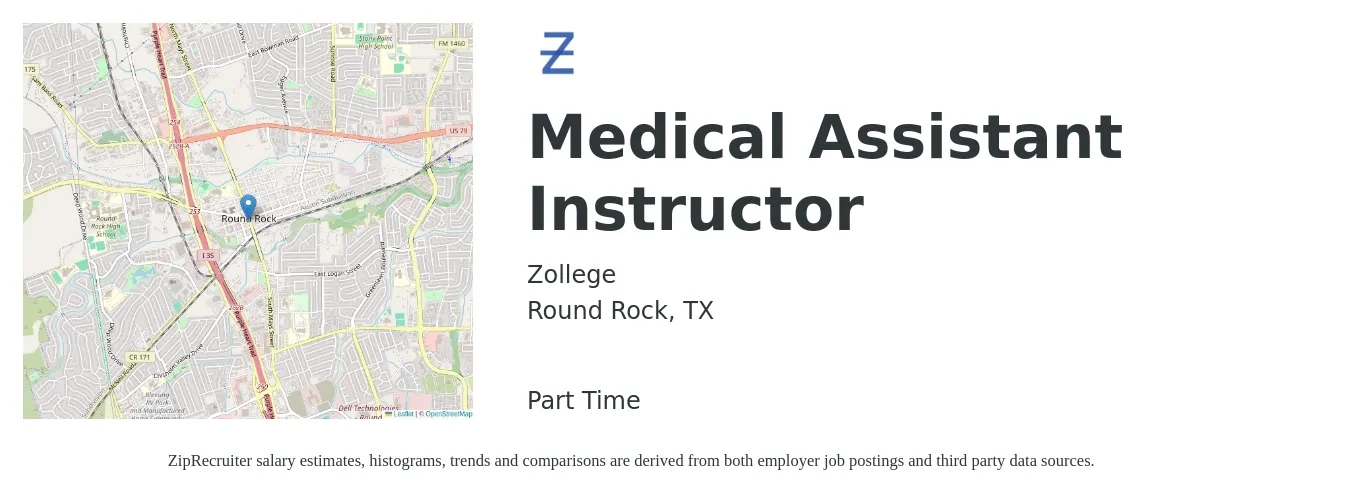 Zollege job posting for a Medical Assistant Instructor in Round Rock, TX with a salary of $22 to $23 Hourly with a map of Round Rock location.