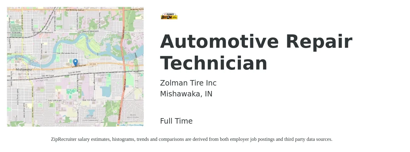 Zolman Tire Inc job posting for a Automotive Repair Technician in Mishawaka, IN with a salary of $18 to $28 Hourly with a map of Mishawaka location.
