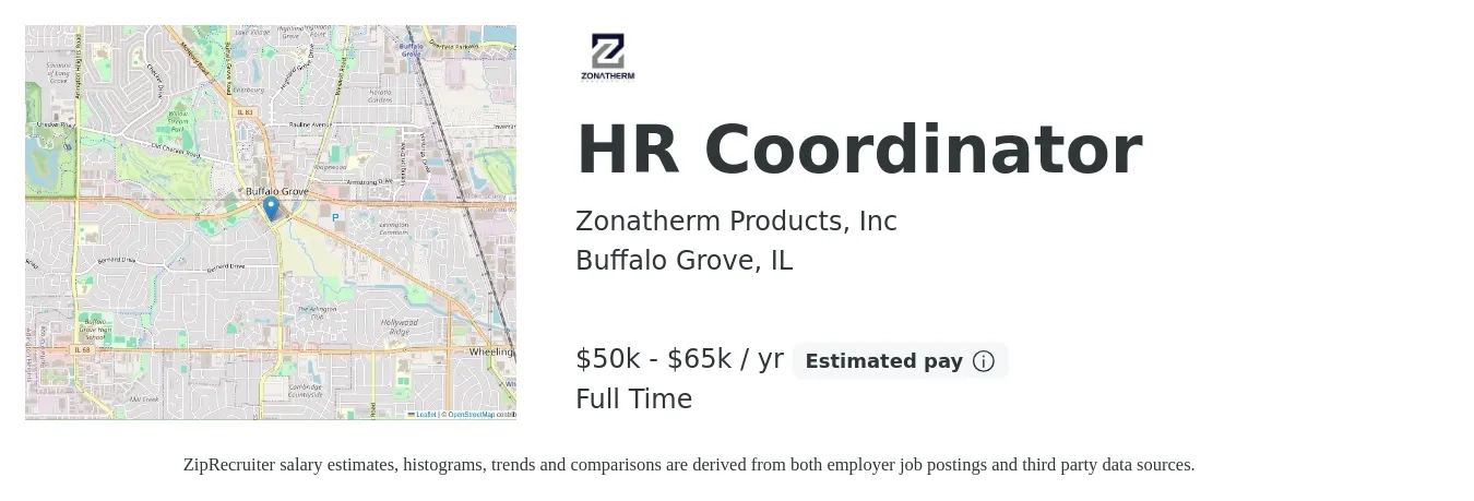 Zonatherm Products, Inc job posting for a HR Coordinator in Buffalo Grove, IL with a salary of $50,000 to $65,000 Yearly with a map of Buffalo Grove location.