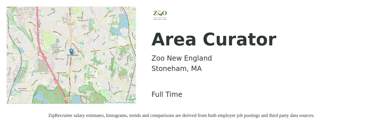 Zoo New England job posting for a Area Curator in Stoneham, MA with a salary of $80,000 Yearly with a map of Stoneham location.