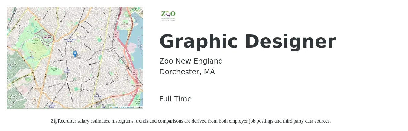 Zoo New England job posting for a Graphic Designer in Dorchester, MA with a salary of $60,000 Yearly with a map of Dorchester location.