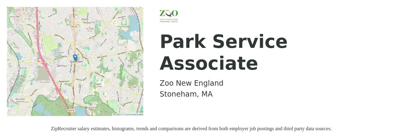 Zoo New England job posting for a Park Service Associate in Stoneham, MA with a salary of $19 Hourly with a map of Stoneham location.