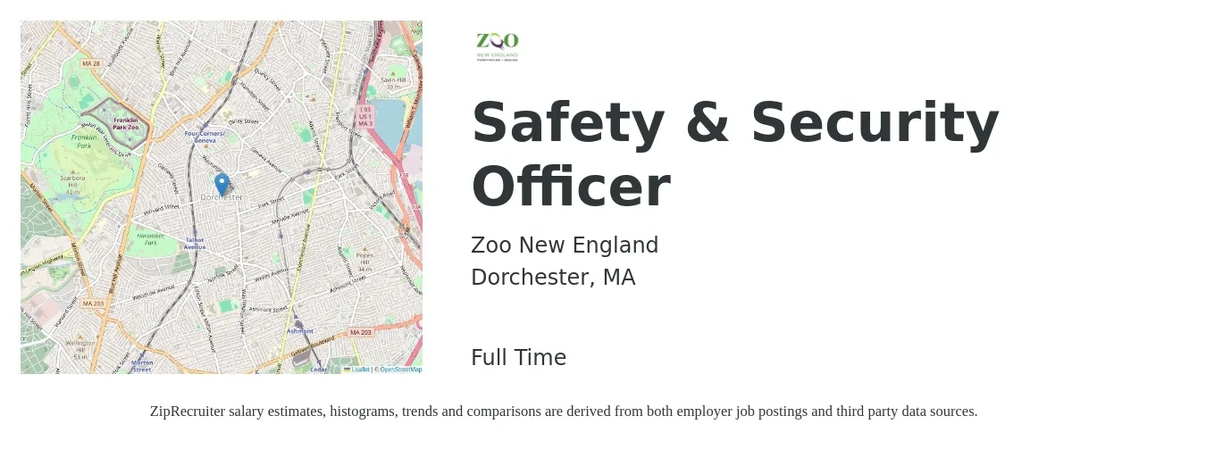 Zoo New England job posting for a Safety & Security Officer in Dorchester, MA with a salary of $19 Hourly with a map of Dorchester location.