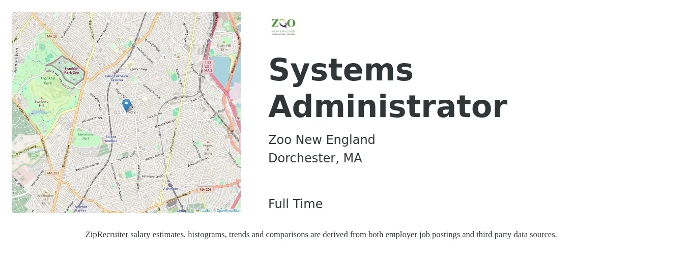 Zoo New England job posting for a Systems Administrator in Dorchester, MA with a salary of $63,000 to $70,000 Yearly with a map of Dorchester location.