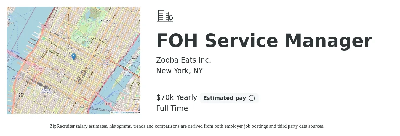Zooba Eats Inc. job posting for a FOH Service Manager in New York, NY with a salary of $70,000 Yearly with a map of New York location.