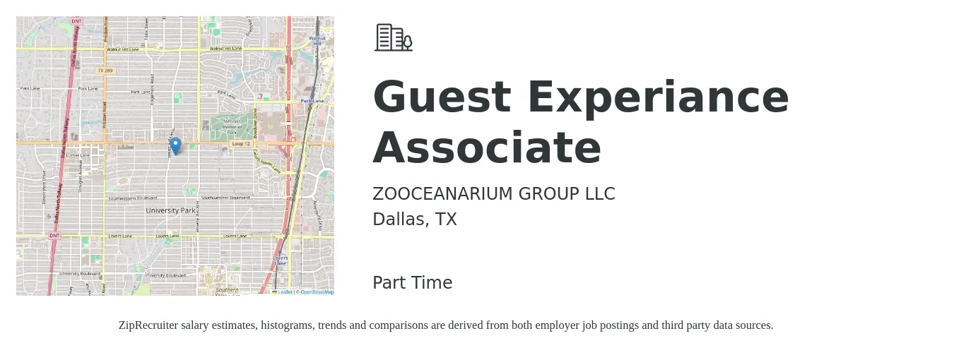 ZOOCEANARIUM GROUP LLC job posting for a Guest Experiance Associate in Dallas, TX with a salary of $14 to $16 Hourly with a map of Dallas location.