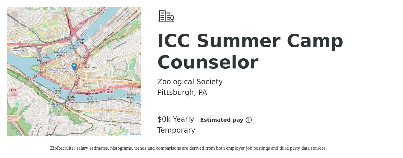 Zoological Society job posting for a ICC Summer Camp Counselor in Pittsburgh, PA with a salary of $14 Yearly with a map of Pittsburgh location.