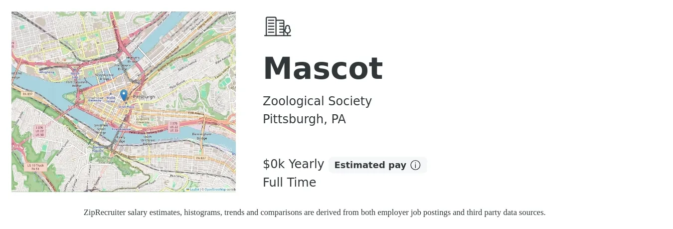 Zoological Society job posting for a Mascot in Pittsburgh, PA with a salary of $14 Yearly with a map of Pittsburgh location.
