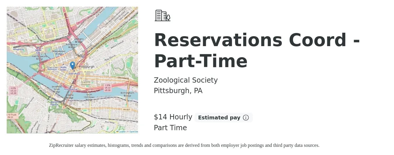 Zoological Society job posting for a Reservations Coord - Part-Time in Pittsburgh, PA with a salary of $15 Hourly with a map of Pittsburgh location.