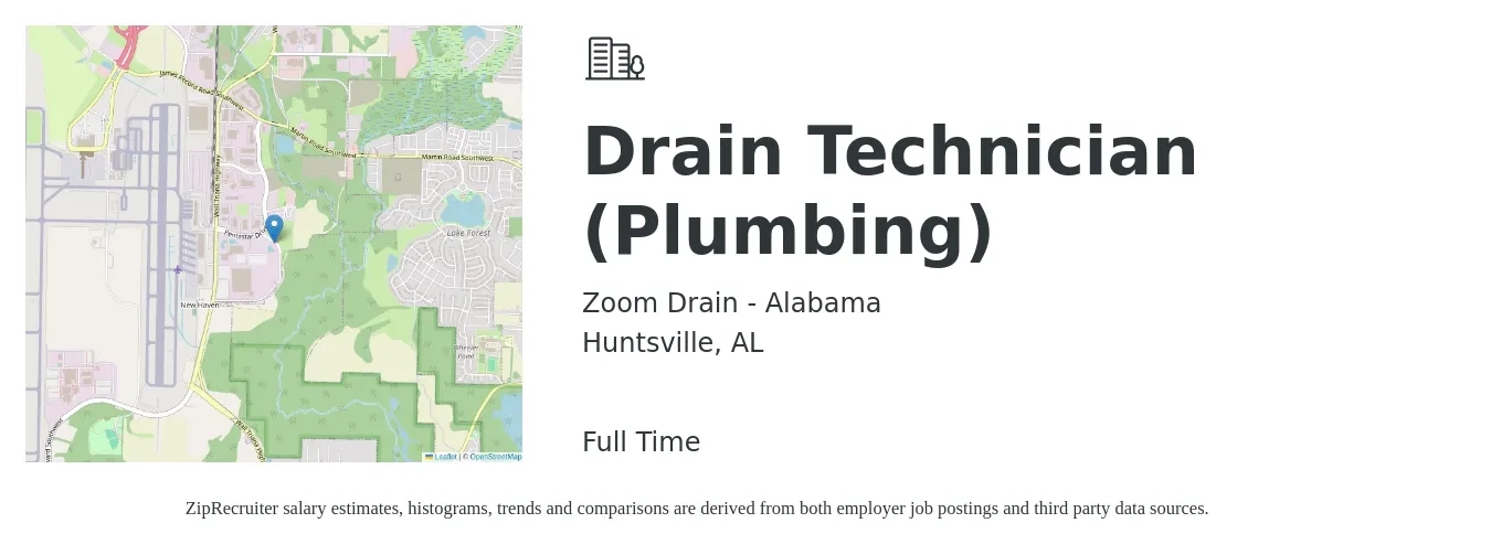 Zoom Drain - Alabama job posting for a Drain Technician (Plumbing) in Huntsville, AL with a salary of $18 to $25 Hourly with a map of Huntsville location.