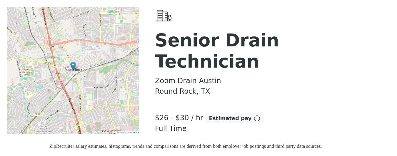 Zoom Drain Austin job posting for a Senior Drain Technician in Round Rock, TX with a salary of $28 to $32 Hourly with a map of Round Rock location.