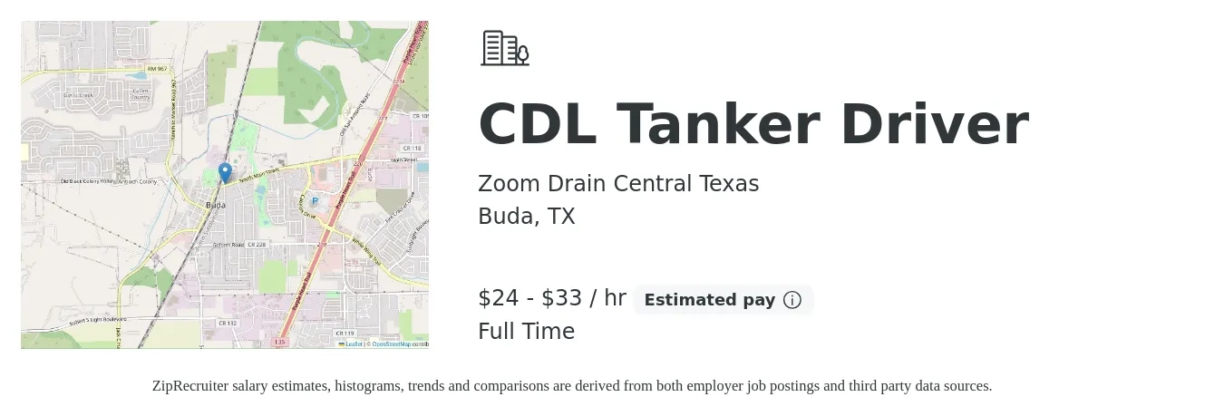 Zoom Drain Central Texas job posting for a CDL Tanker Driver in Buda, TX with a salary of $25 to $35 Hourly with a map of Buda location.