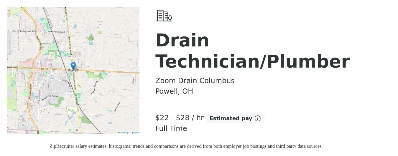 Zoom Drain Columbus job posting for a Drain Technician/Plumber in Powell, OH with a salary of $23 to $30 Hourly with a map of Powell location.