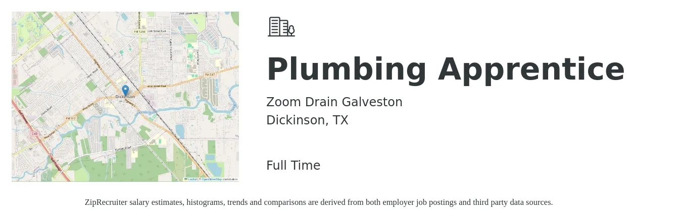 Zoom Drain Galveston job posting for a Plumbing Apprentice in Dickinson, TX with a salary of $14 to $20 Hourly with a map of Dickinson location.