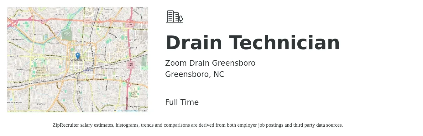 Zoom Drain Greensboro job posting for a Drain Technician in Greensboro, NC with a salary of $20 to $28 Hourly with a map of Greensboro location.