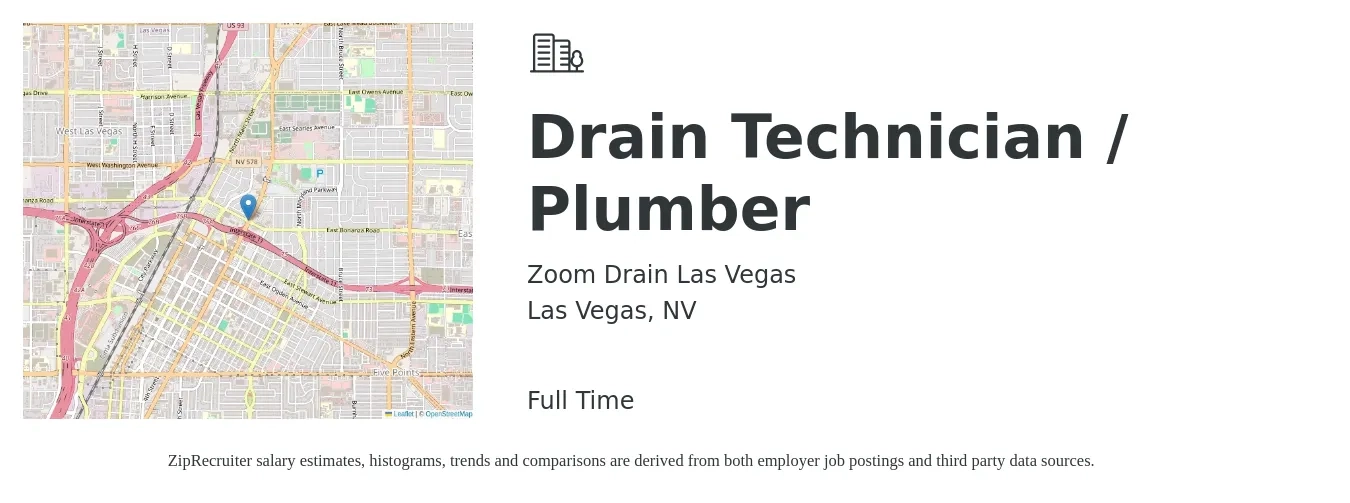 Zoom Drain Las Vegas job posting for a Drain Technician / Plumber in Las Vegas, NV with a salary of $20 to $28 Hourly with a map of Las Vegas location.