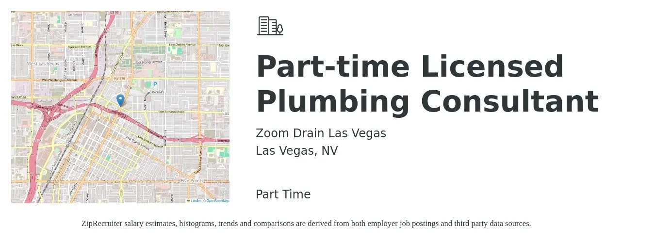 Zoom Drain Las Vegas job posting for a Part-time Licensed Plumbing Consultant in Las Vegas, NV with a salary of $29 to $43 Hourly with a map of Las Vegas location.