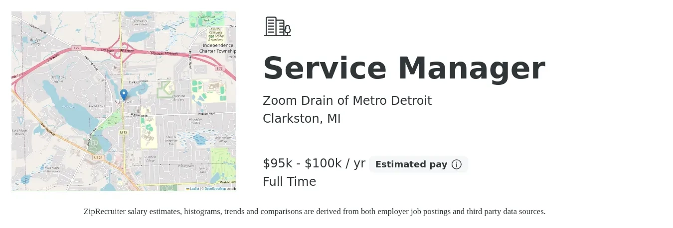 Zoom Drain of Metro Detroit job posting for a Service Manager in Clarkston, MI with a salary of $95,000 to $100,000 Yearly with a map of Clarkston location.