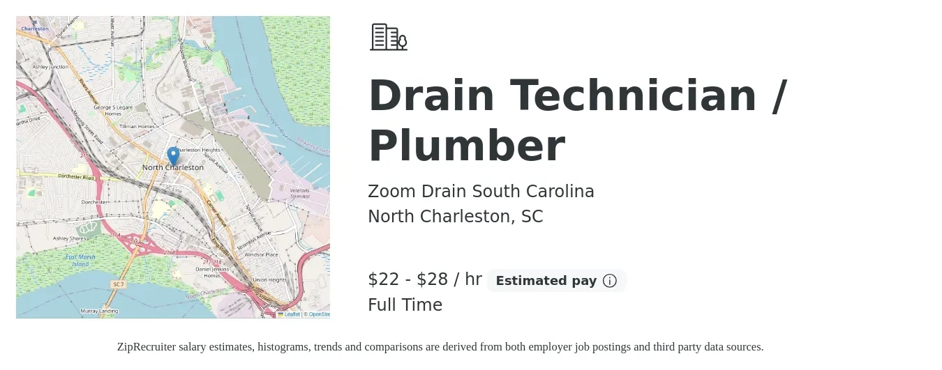 Zoom Drain South Carolina job posting for a Drain Technician / Plumber in North Charleston, SC with a salary of $23 to $30 Hourly with a map of North Charleston location.
