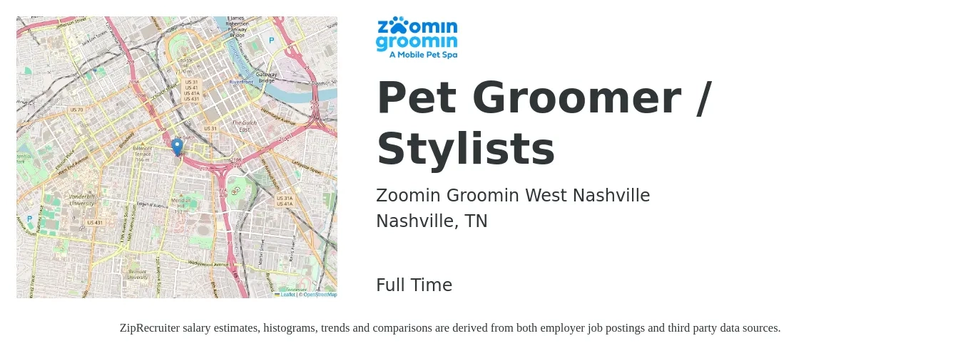 Zoomin Groomin West Nashville job posting for a Pet Groomer / Stylists in Nashville, TN with a salary of $250 to $550 Daily with a map of Nashville location.