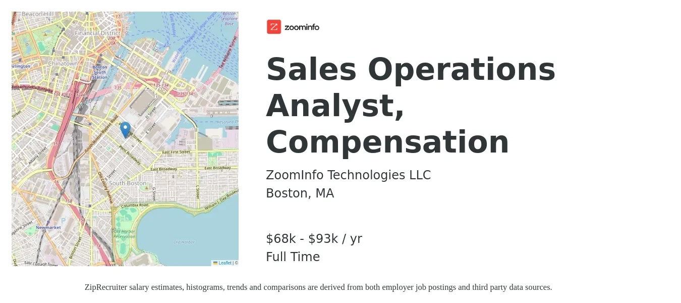 ZoomInfo Technologies LLC job posting for a Sales Operations Analyst, Compensation in Boston, MA with a salary of $68,000 to $93,500 Yearly with a map of Boston location.