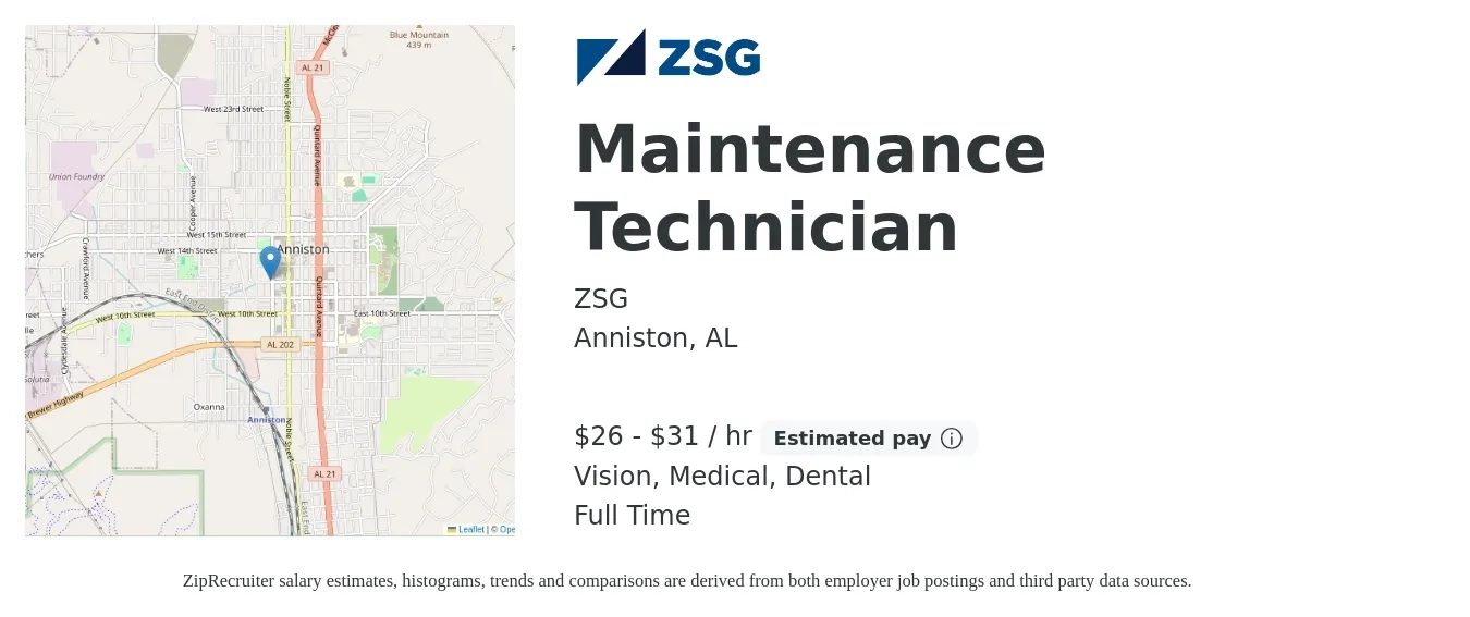 ZSG job posting for a Maintenance Technician in Anniston, AL with a salary of $28 to $33 Hourly and benefits including vision, dental, life_insurance, medical, pto, and retirement with a map of Anniston location.