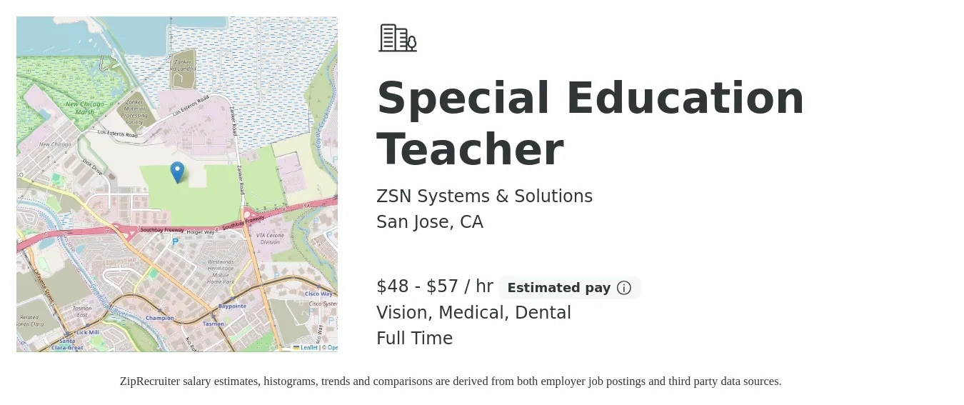 ZSN Systems & Solutions job posting for a Special Education Teacher in San Jose, CA with a salary of $50 to $60 Hourly and benefits including medical, vision, and dental with a map of San Jose location.