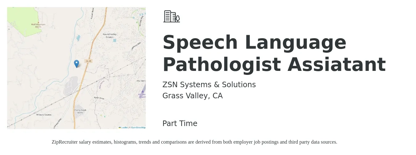 ZSN Systems & Solutions job posting for a Speech Language Pathologist Assiatant in Grass Valley, CA with a salary of $25 to $30 Hourly and benefits including vision, and dental with a map of Grass Valley location.