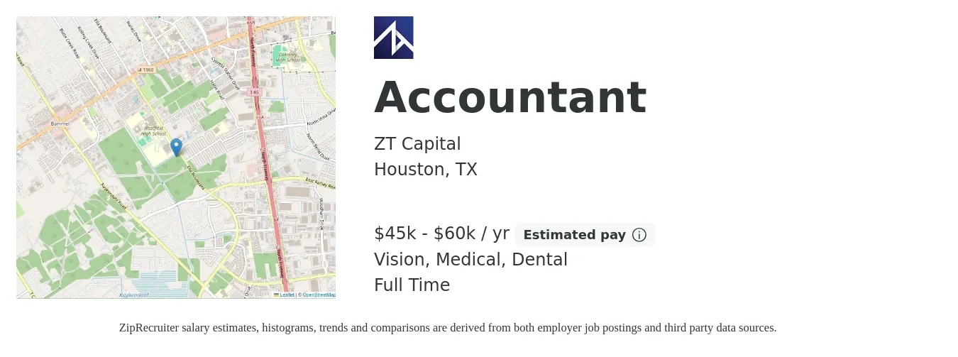 ZT Capital job posting for a Accountant in Houston, TX with a salary of $45,000 to $60,000 Yearly and benefits including retirement, vision, dental, life_insurance, medical, and pto with a map of Houston location.