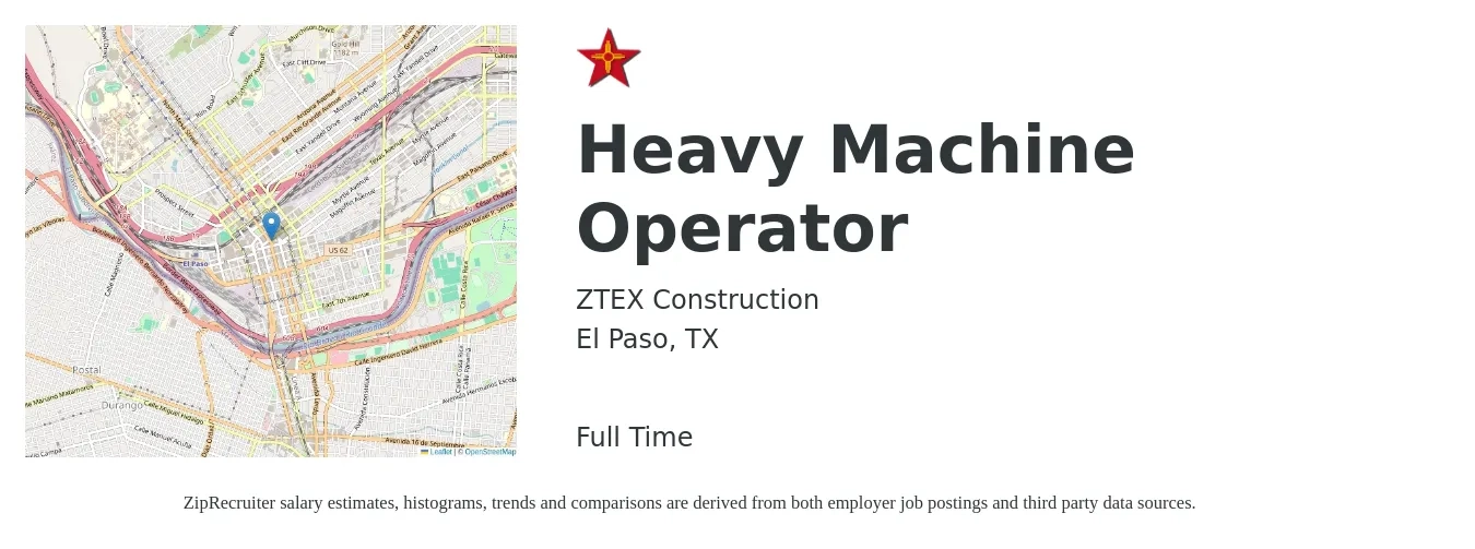ZTEX Construction job posting for a Heavy Machine Operator in El Paso, TX with a salary of $18 Hourly with a map of El Paso location.