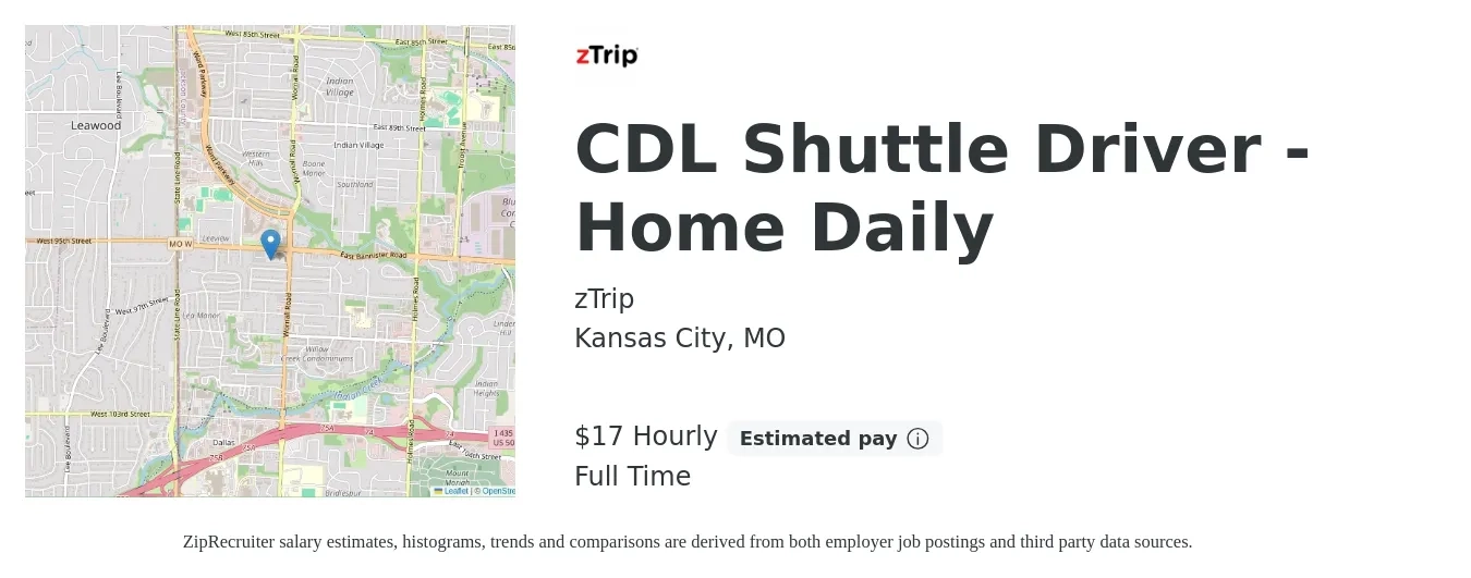 zTrip job posting for a CDL Shuttle Driver - Home Daily in Kansas City, MO with a salary of $18 Hourly with a map of Kansas City location.