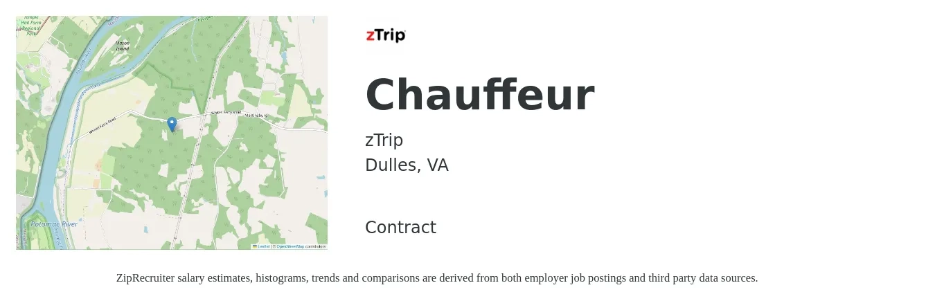 zTrip job posting for a Chauffeur in Dulles, VA with a salary of $65,000 to $78,000 Yearly with a map of Dulles location.