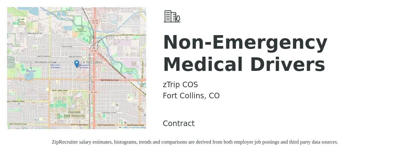 zTrip COS job posting for a Non-Emergency Medical Drivers in Fort Collins, CO with a salary of $65,000 to $78,000 Yearly with a map of Fort Collins location.