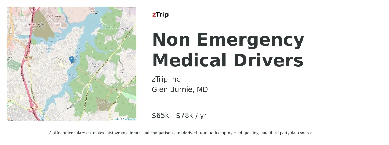 zTrip Inc job posting for a Non Emergency Medical Drivers in Glen Burnie, MD with a salary of $65,000 to $78,000 Yearly with a map of Glen Burnie location.