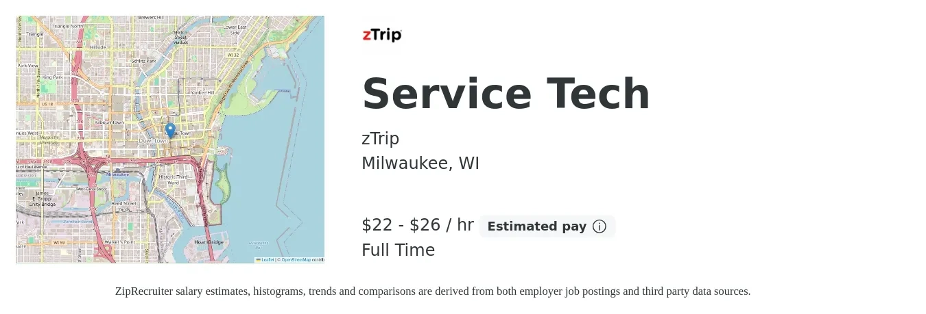 zTrip job posting for a Service Tech in Milwaukee, WI with a salary of $23 to $28 Hourly with a map of Milwaukee location.